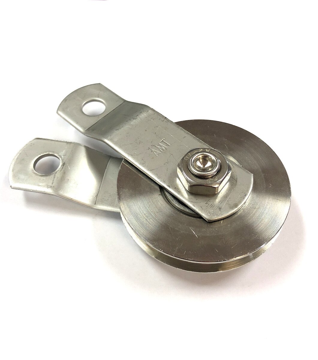 2 1/2" stainless steel pulley with stainless steel bolt, nut, straps, and sheave