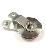2 1/2" stainless steel pulley with stainless steel bolt, nut, straps, and sheave