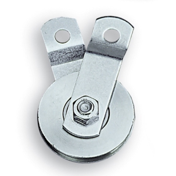 2 1/2" machined steel sheave pulley with heavy duty zinc plated straps, bolts, and self lubricating roller bearing