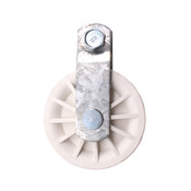 3 1/2" fiberglass reinforced white nylon sheave pulley with heavy-duty zinc plated straps and bolts