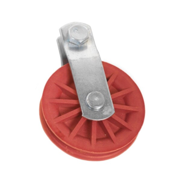 3 1/2" fiberglass reinforced red nylon sheave pulley with heavy duty zinc plated straps and bolts